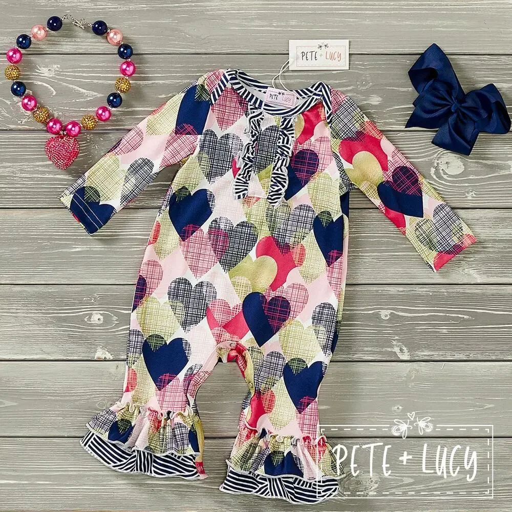 PETE + LUCY Geo Hearts Ruffle Long Sleeve Romper 18-24 months NEW Valentine